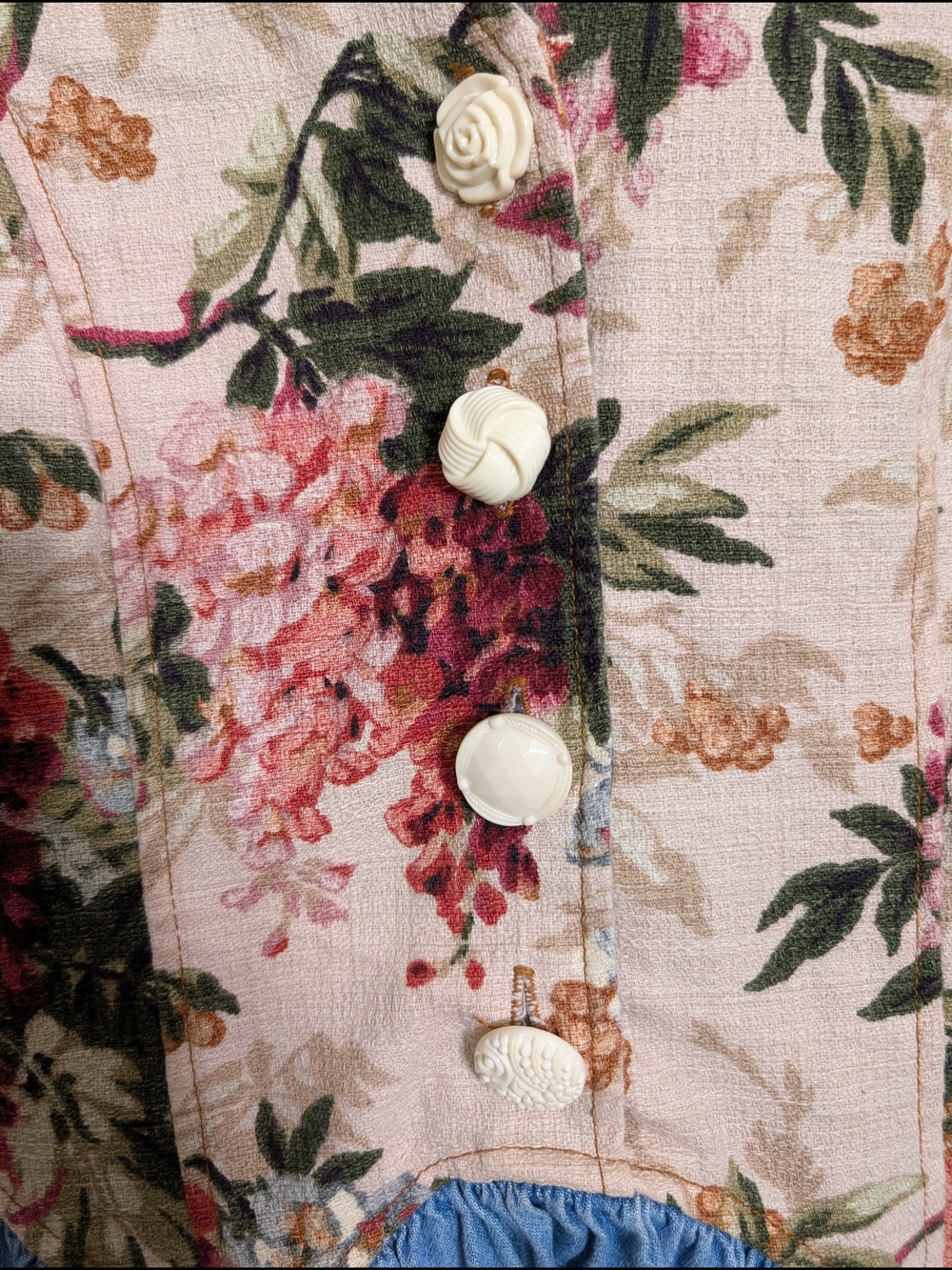 Vintage Floral Bodice Denim Midi Dress in Cream and Pink - Picture 2 of 5